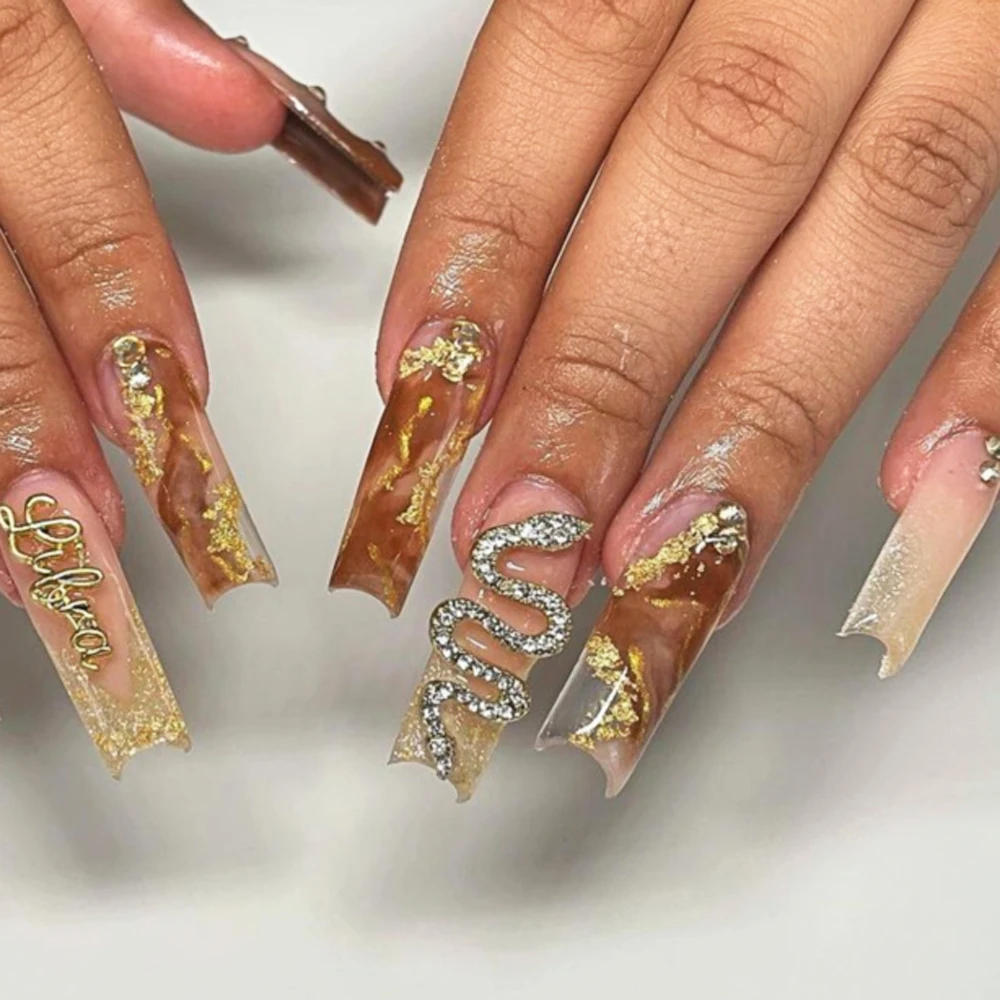 

2Ps Oversized Snake 3D Nail Charm Zodiac Gold Words Metal Crystals Nail Rhinestones DIY Alloy Luxury Nails Art Diamond Accessory