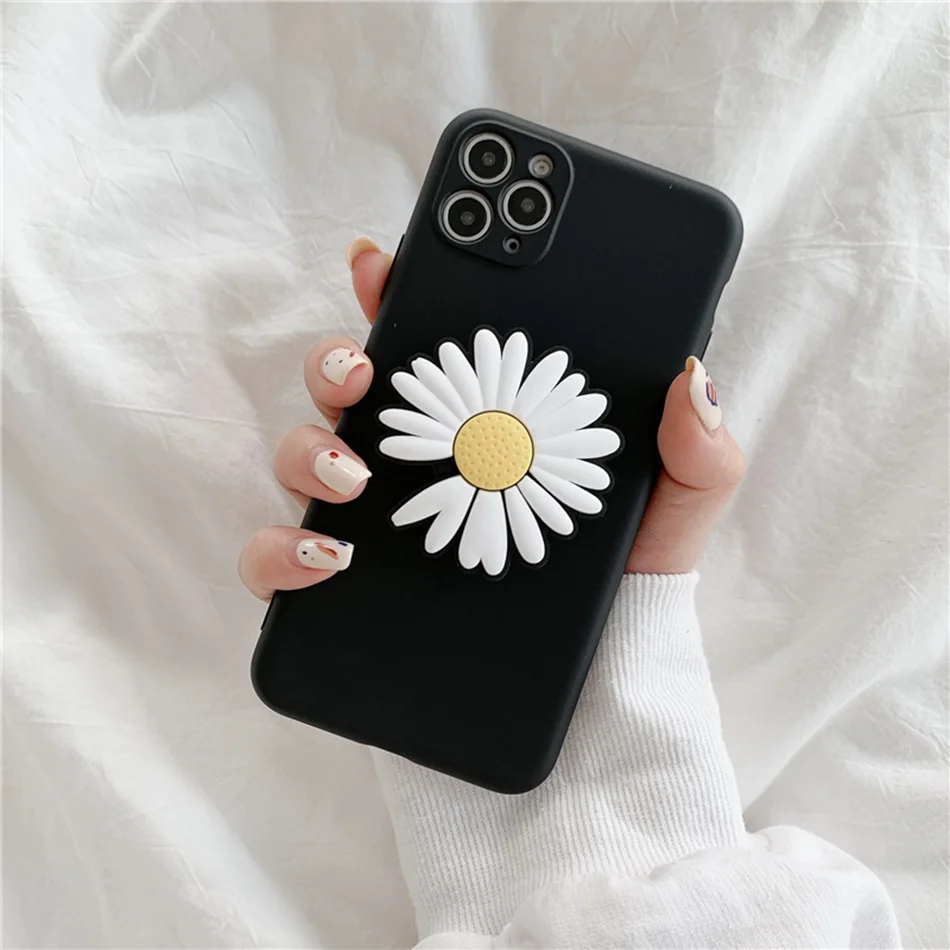 Liquid Silicone Case For iPhone 11 XR XS Pro Max Fashion Daisy Flower Stand Cover 7 8 Plus 6s SE 2020 Soft Coque |