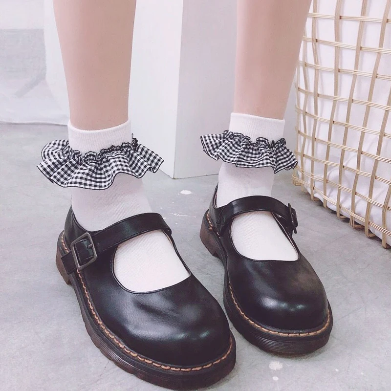 Lolita Style Woman Japanese Kawaii Cute Teenage heart College style Lovely Soft Sister plaid Socks Retro Ruffle Lace Short | Женская