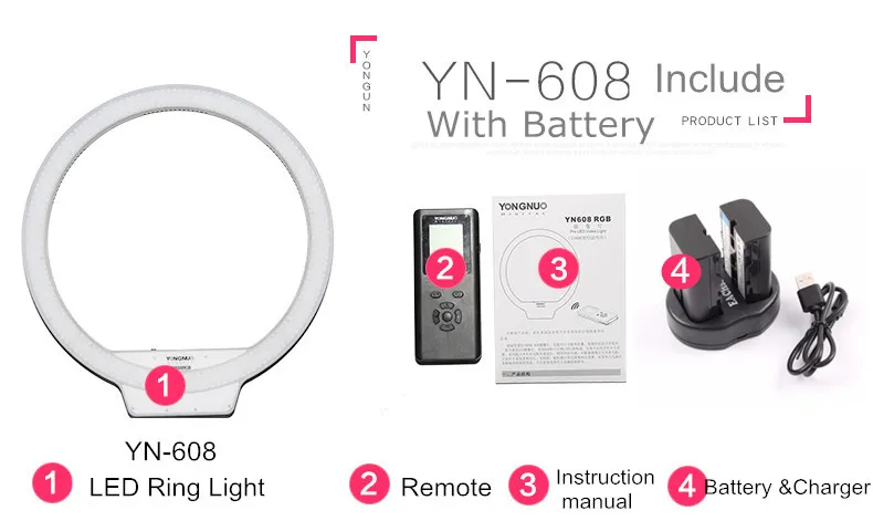 YONGNUO YN608 LED Selfie Photography Photo Studio Ring Light Kit With Remote & C