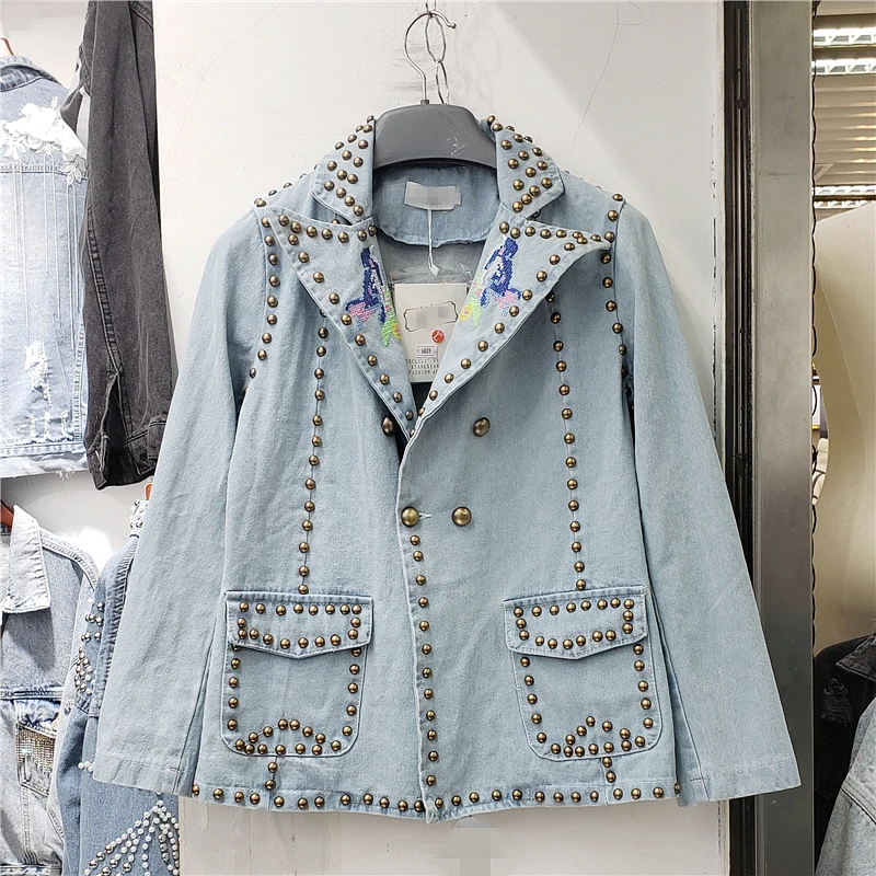 

2020 Spring New Fashion Denim Jacket Woman Blue Suit Short Jacket Women's Rivets Loose-Fit Jean Jacket Ladies Coats Chaqueta