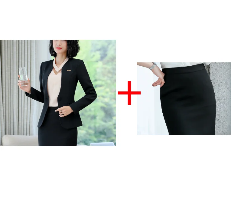 Black Skirt Set Женский блейзер с длинным рукавом, для офиса, для работы, костюмы с юбкой, модный, с зубцами, на пуговицах, костюм с юбкой, тонкий пиджак, юбки, два предмета, OL наборы - Цвет: Black Skirt Set