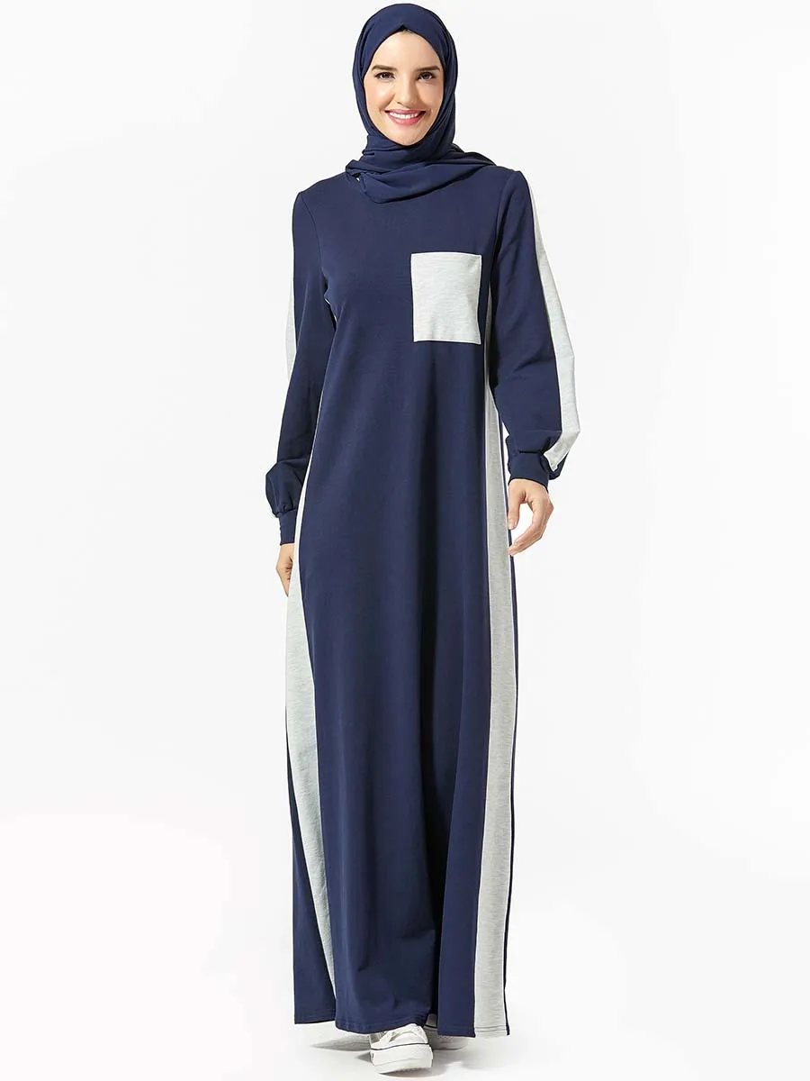 Navy blue Женский пуловер с капюшоном больших размеров, платье-толстовка с длинными рукавами, повседневные платья с цветными блоками, длинное мусульманское женское платье - Цвет: Navy blue