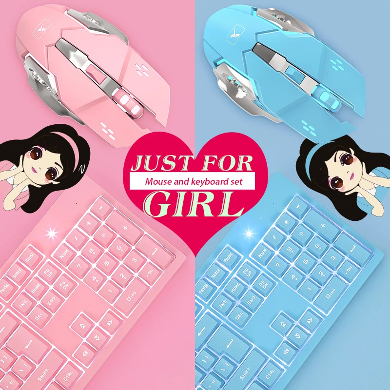 

Wireless Keyboard + Mouse Set 104-Keys Rechargeable Ergonomic Design Keyboard Mouse Lovely Kit for Girls Keycap Accessory
