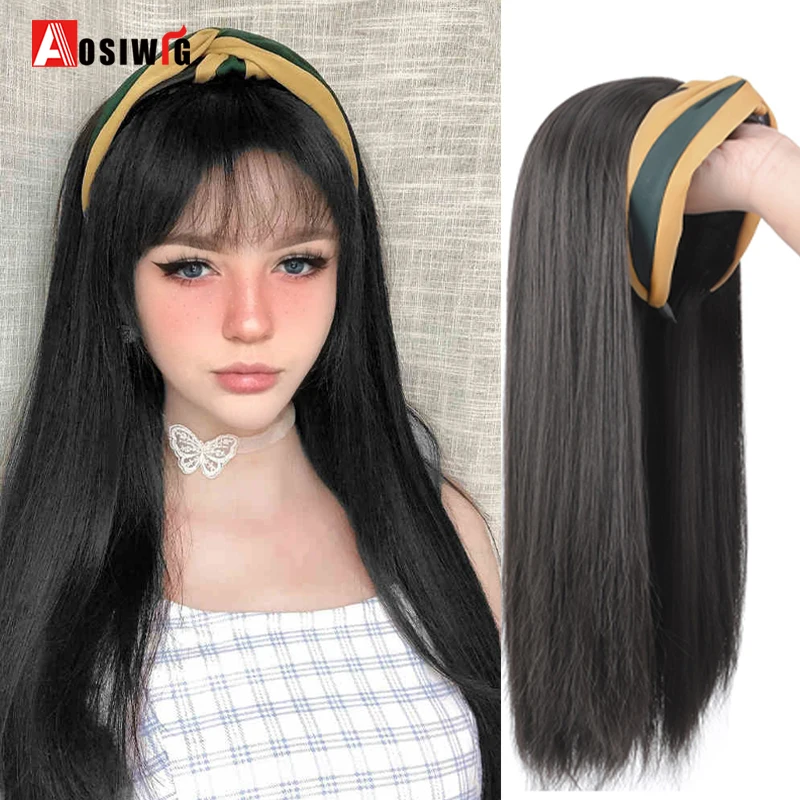 Wig Hair-Extensions Headband Natural-Hair Clip-In Synthetic-Fake-Hairpiece Black Long