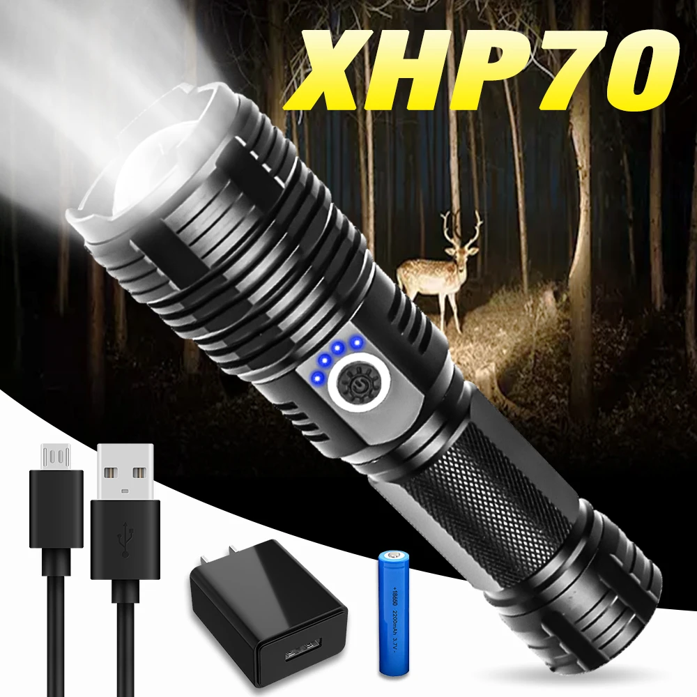 Супер мощный светодиодный фонарь XHP70, перезаряжаемый через USB, фонарь с зумом, 5 режимов, водонепроницаемый фонарь, аккумулятор 18650 26650
