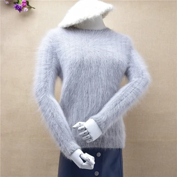 

tops elegant female long sleeves thick line slim angora rabbit fur knitted sweater fur mink Cashmere pullovers women clothing
