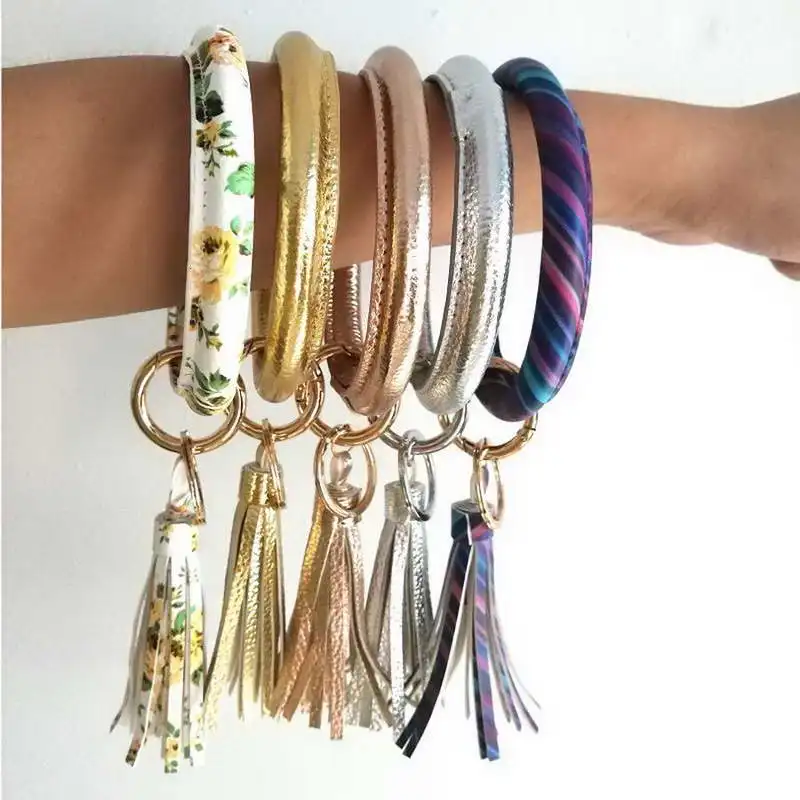 

ZWPON Metallic Gold Silver Leather Tassel Big O Circle Bangles Women Printed Flower Wristlet Keychain Fob Holder Accessories