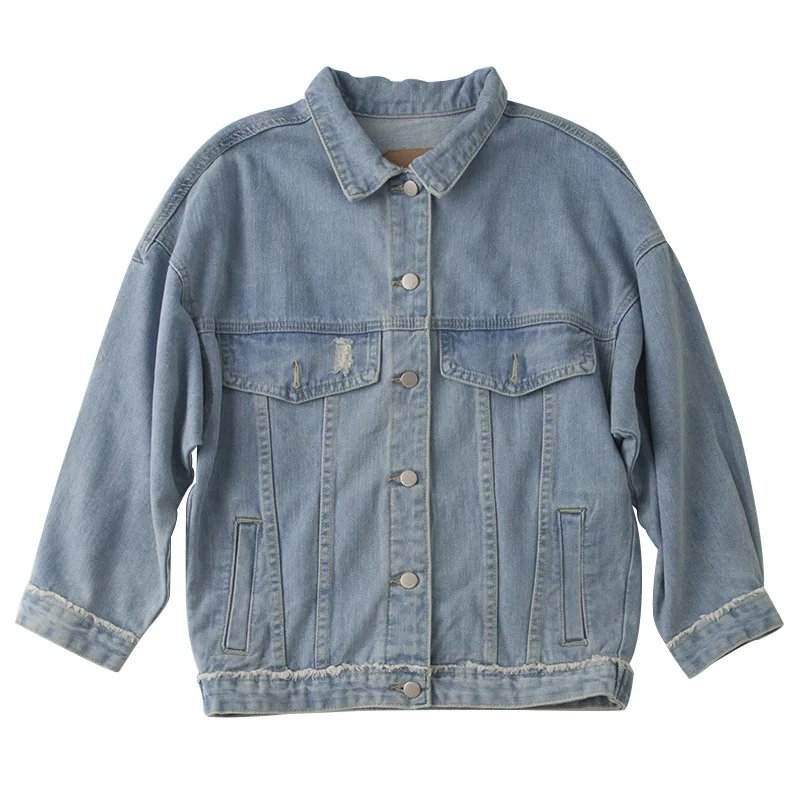 

19 Years Early Spring Practical Light Blue Loose-Fit with Holes Jeans Coat Women's Korean-style BF Denim Top Jacket