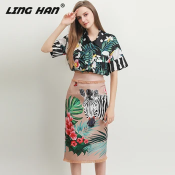 

LINGHAN Designer Women Two-piece set Spring Summer Flower Print Short Sleeve Blouse + Tassel Skirt Fashion Lady New Suit