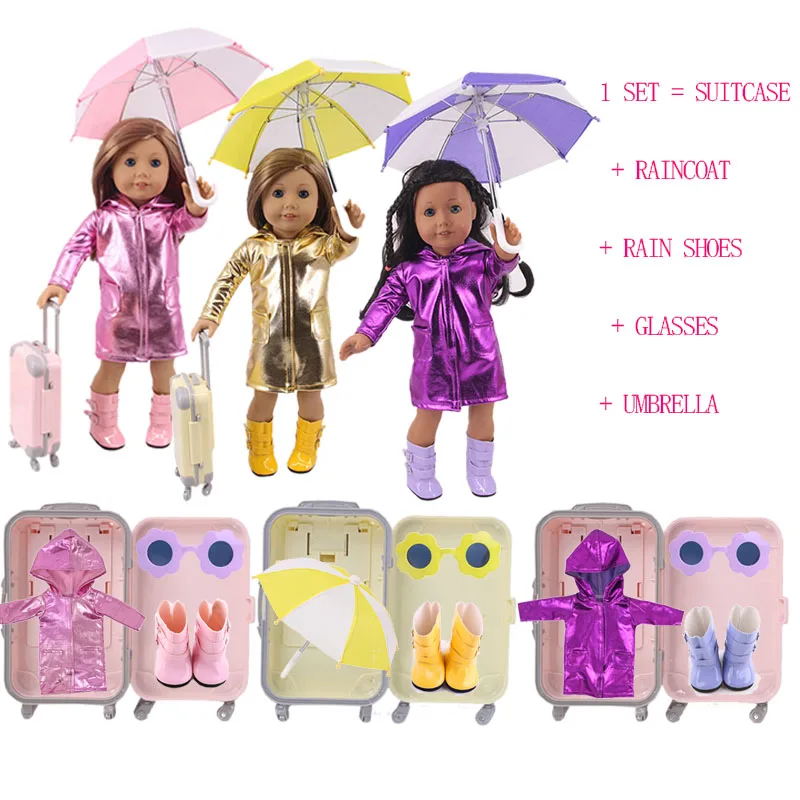 

Raincoat Rain Boots Umbrella Glasses Trunk Set Fit 18 Inch American &43 Cm Reborn Baby Doll Clothes,Our Generation,Girl`s Toys