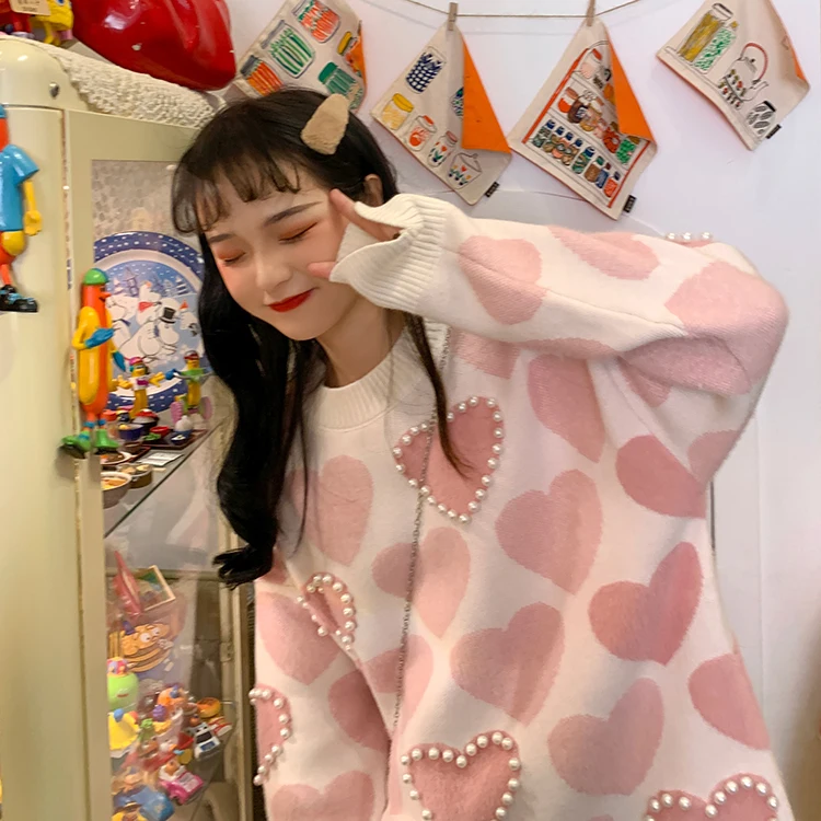 Женские свитера, японский Kawaii Ulzzang, Милый Винтажный свитер с жемчугом, Женская Корейская одежда Harajuku для женщин