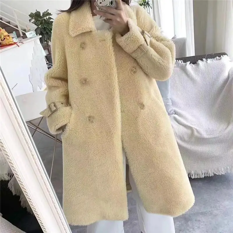 yellow Натуральная меховая шуба женская осенне-зимняя теплая Толстая овечья стрижка куртки женские двубортная шерсть Меховая куртка Верхняя одежда N24 - Цвет: yellow