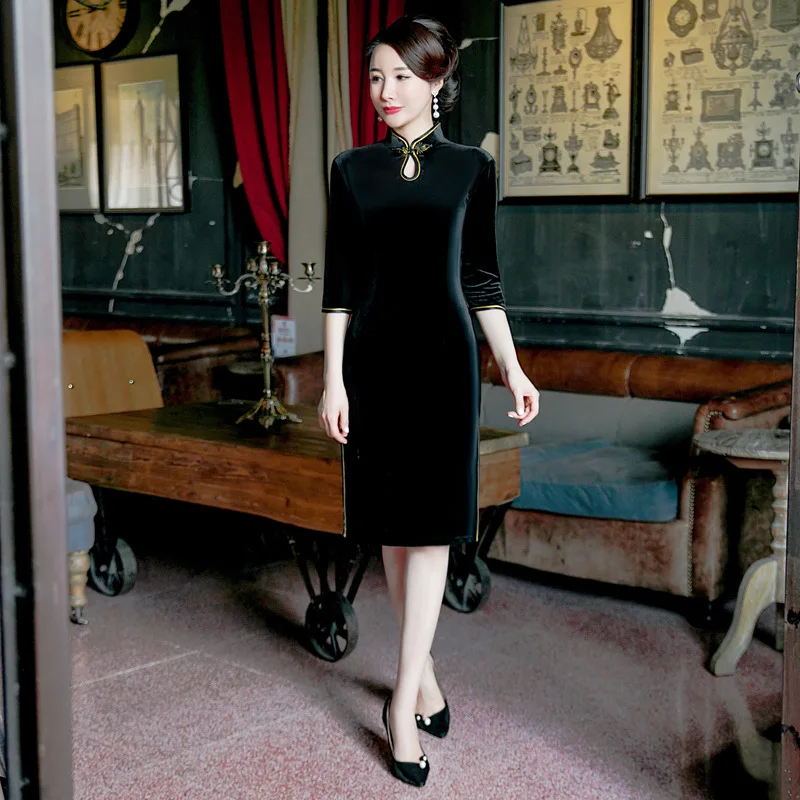 Элегантное однотонное Qipao Vestidos плюс размер M-4XL осеннее велюровое китайское женское платье Классический китайский женский халат со стоячим воротником, с цветочным принтом