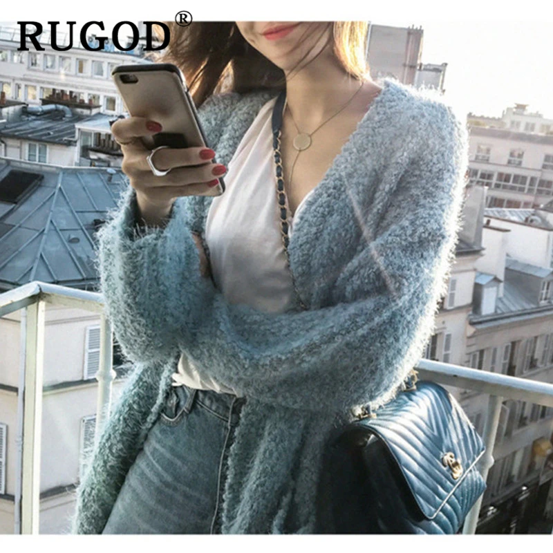 RUGOD элегантный бархатный женский кардиган, корейский шик, Одноцветный, с разрезом, длинный, осенний, с карманами, кардиган, одежда, модная, негабаритная, вязаная одежда