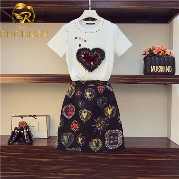 

New Summer Runway Fashion Two Pieces Set Women's Short Sleeve Printed Blouses + Vintage Jacquard Mini Short Skirts Sets Suit
