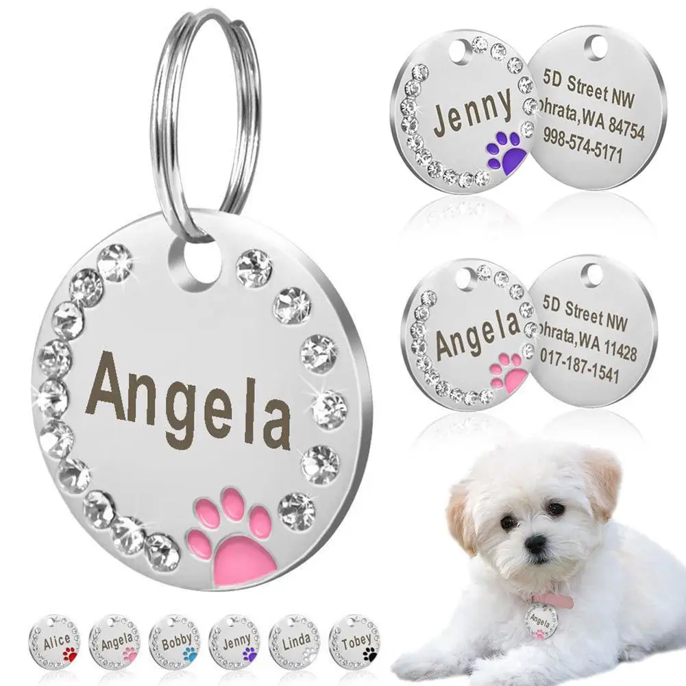 New 25mm Round Custom Engraved Dog Tag Pet Collar Accessories Cat Id Stainless Steel Bone Paw Name Tags Anti-Lost | Дом и сад