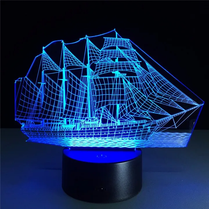 Sail Boat-3D Оптическая иллюзия Новинка Настольная лампа Красивая Морская Лодка Форма 7 цветов сенсорный ночник USB