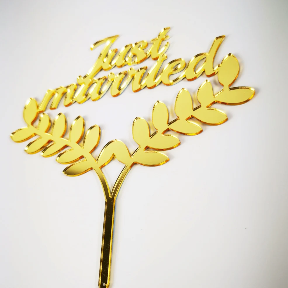 Just Married with Leaves Wedding Cake Topper Romantic Decor, Bride and groom Wedding Party Just Married  Cake Topper Supplies  (4)