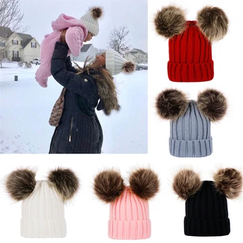 

2 Pcs Set Family Matching Hat Christmas Baby Girls Boys Winter Warm Hats With Pom Poms Faux Fur Pompom Ball Kids Knitted