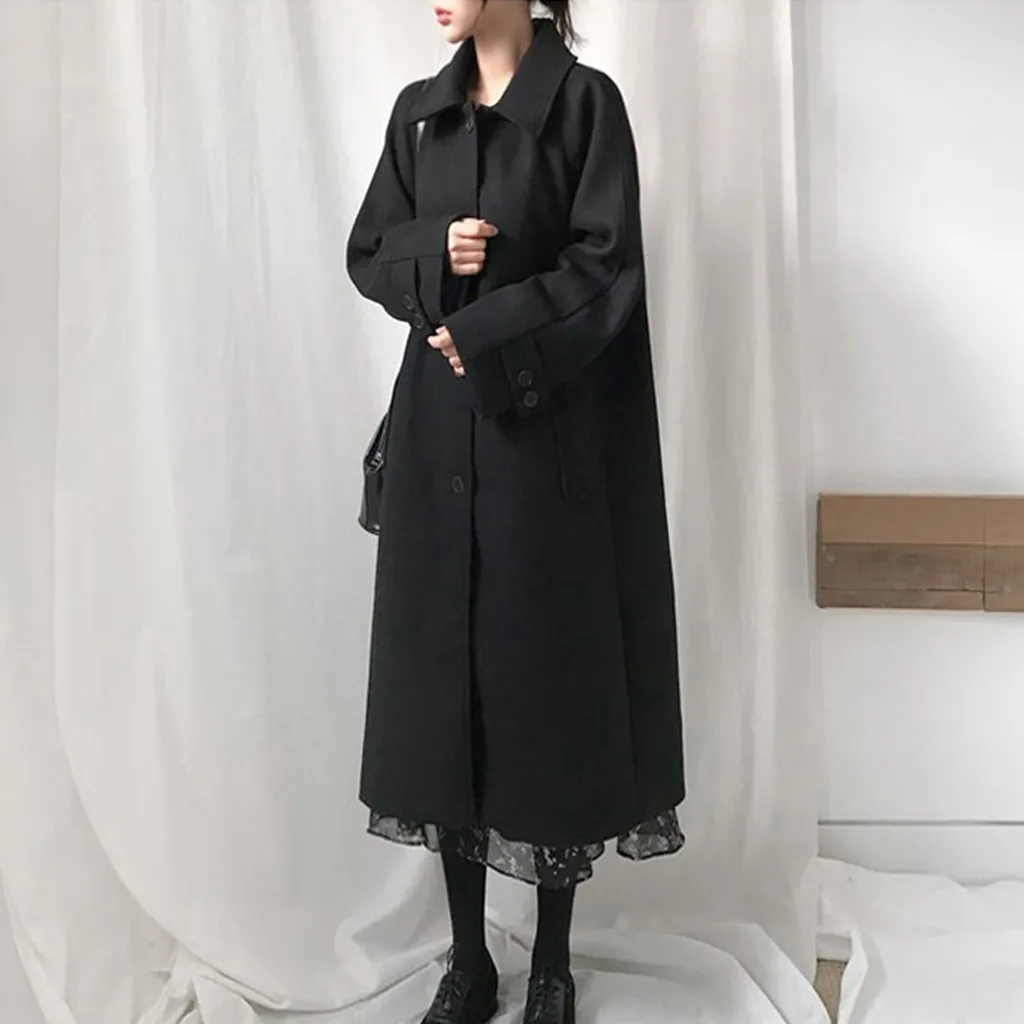 Модное черное шерстяное пальто для женщин с длинным рукавом и отложным воротником, верхняя одежда, куртка на каждый день, Осень-зима, элегантное пальто, большой размер