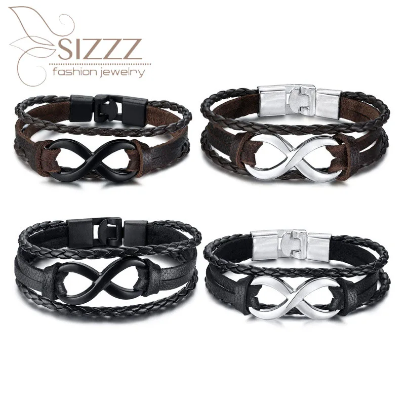 SIZZZ 2020 фитинги из сплава Infinity PU Кожаный Плетеный черный браслет и браслеты для
