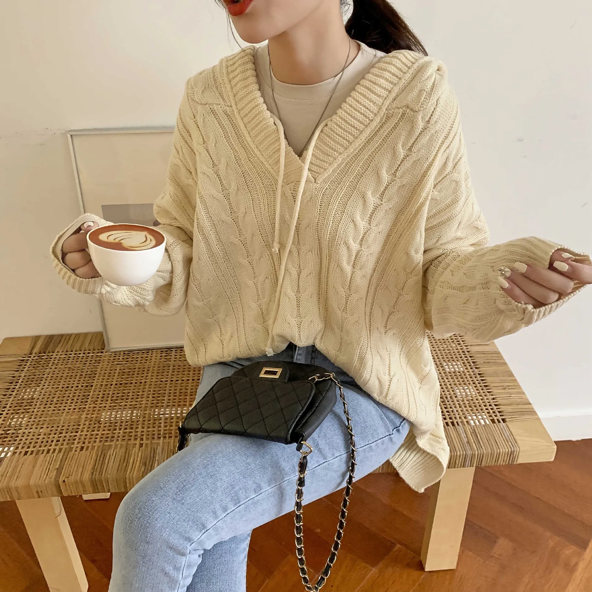 

Hooded Sweater Women's Pullover Korean-style Retro Loose Linen Flower Color Laziness-Style Autumn & Winter Sweater