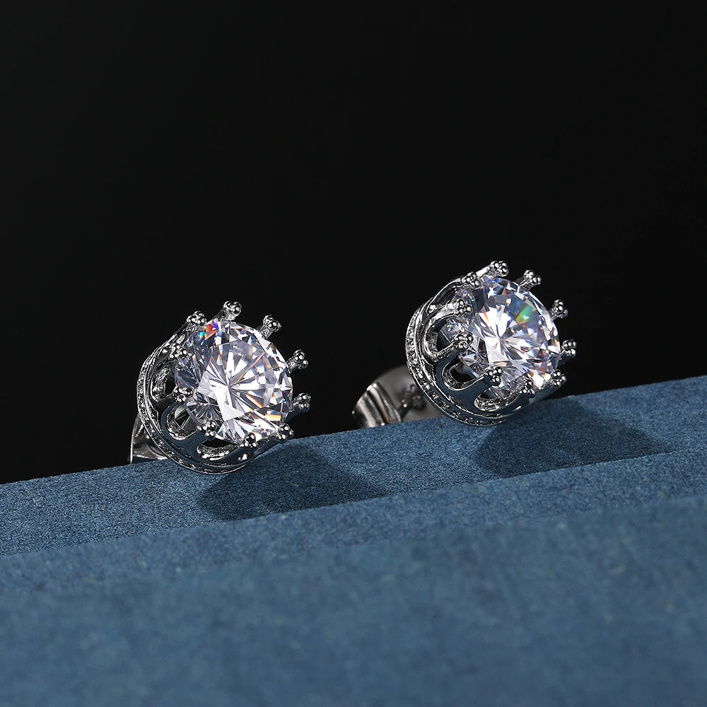 Huitan Luxury Stud Earrings for Women Crown Shaped Setting Round CZ Zirconia Wedding Earrings Party Daily Wear Statement Jewelry - Image 4