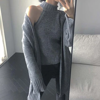 

High Quality Autumn Winter Two Piece Set Women Knitted Pullovers Sweater Tops & Long Knitting Cardigans Jacket Coat 2 Piece Set