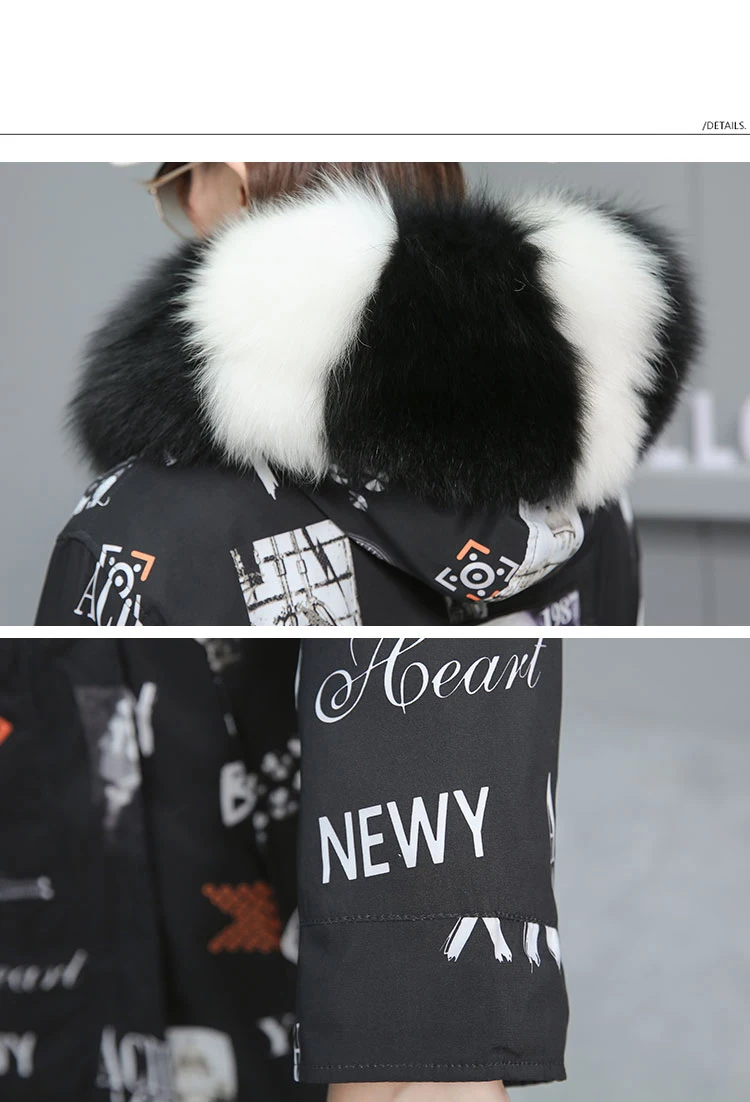 Fur Parkas Highstreet Allover Printed Real Fox Fur Collar Hooded Rabbit Fur Lining Long Coat Women Winter Casual Plus Outwear