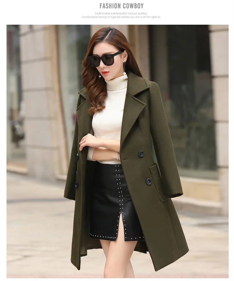 Шерстяное пальто женское с длинным рукавом воротник верхняя одежда длинная куртка Корейская Повседневная осенне-зимняя элегантная шерсятнное пальто