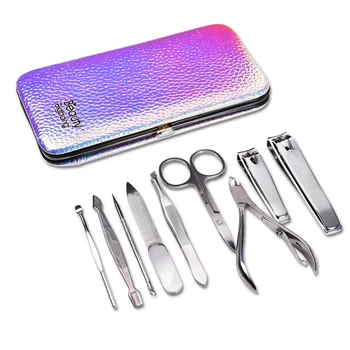 

9Pcs Pedicure Manicure Set With Rainbow Box Stainless Steel Manicure Kit Nail Clipper Nipper Cutter Scissors Tweezers Ear Pick