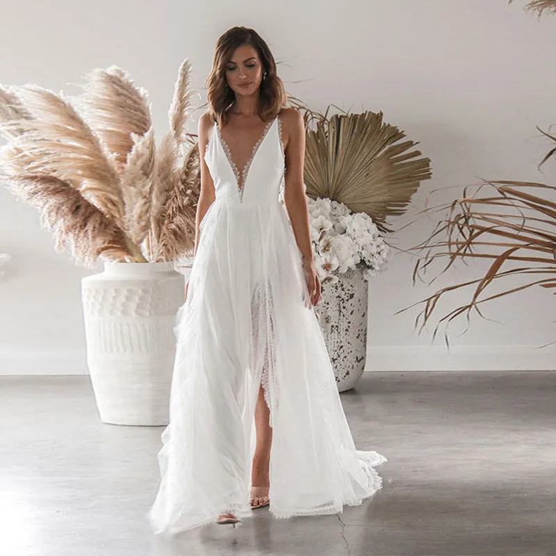 Women Maxi Dress High Slit Sleeveless V 