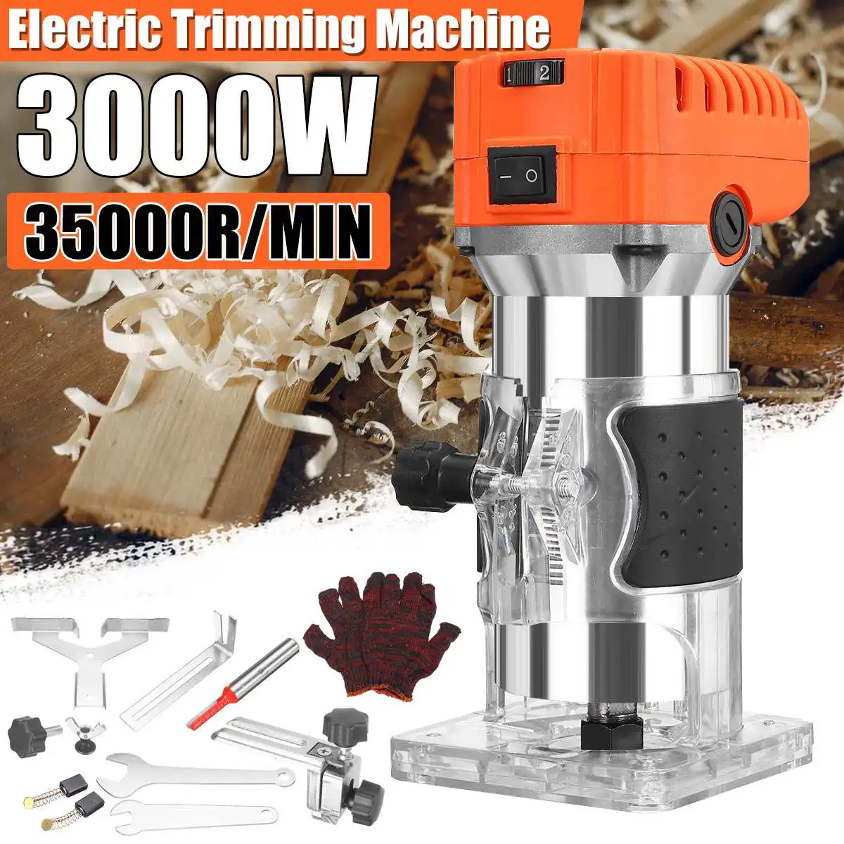 

220V 35000rpm 6 Speeds Wood Electric Hand Trimmer Woodworking Slotting Trimming Tool Hand Carving Machine Wood Router Joiner Set