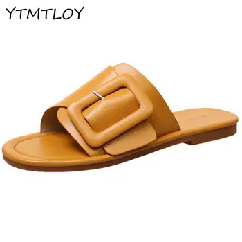 

Women Slippers Fashion Casual Flat Flip Flops Ladies Anti-skid Beach Flat Open Toe Slipper Summer Round head buckle decoration