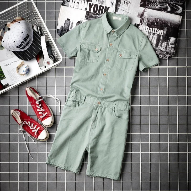 

Summer Mens Short Sleeve Jumpsuit Overalls Knee Length Beach High Street Pockets Hop Zip Hip Bib Cargo Harem Shorts