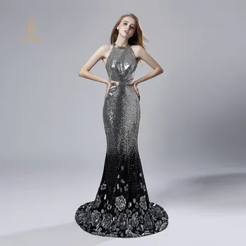 

Sexy Prom Evening Dress Long Sequin Silver Mermaid Backless Open Back Halter Arabic Party Gowns Sleeveless Robe De Soiree