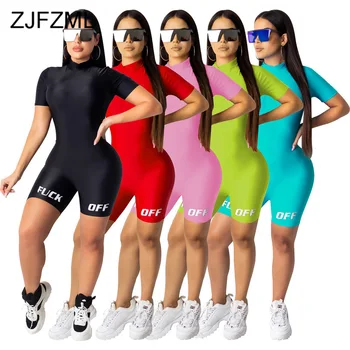 

Neon Green Letter Print Sexy Club Outfit Women High Waist Short Sleeve One Piece Overall Streetwear Round Neck Bodycon Playsuit