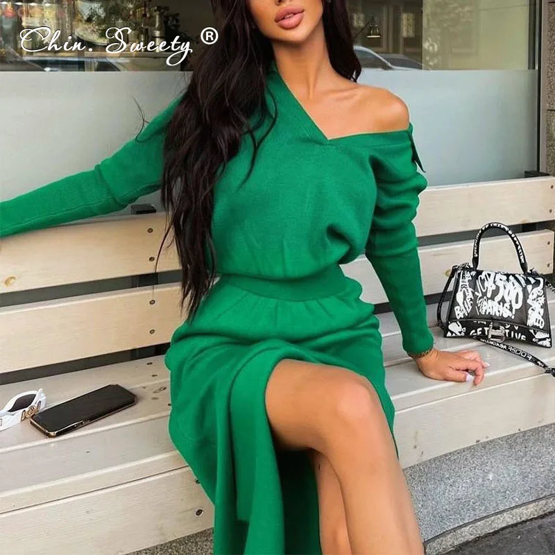 Knitted Women's Split Midi Elegant Dress New Year 2022 Winter Turn-down Collar Long Dresses Black Ladies Party Club Vestidos | Женская