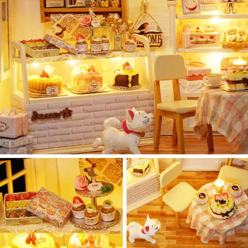 Мини светодиодный кукольный домик Кофейня DIY сборка модель игрушечный стол Декор Рождество с светодиодный игрушки для детей