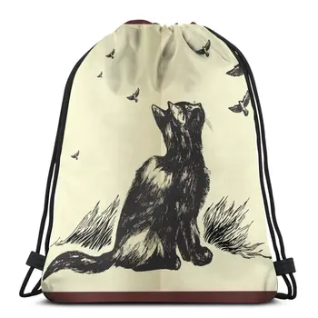 

Fashion Unisex Bag Hand Drawn Cat Looking Up At Flying Birds In The Sky Outdoor Fitness Drawstring Beam Mouth Backpack