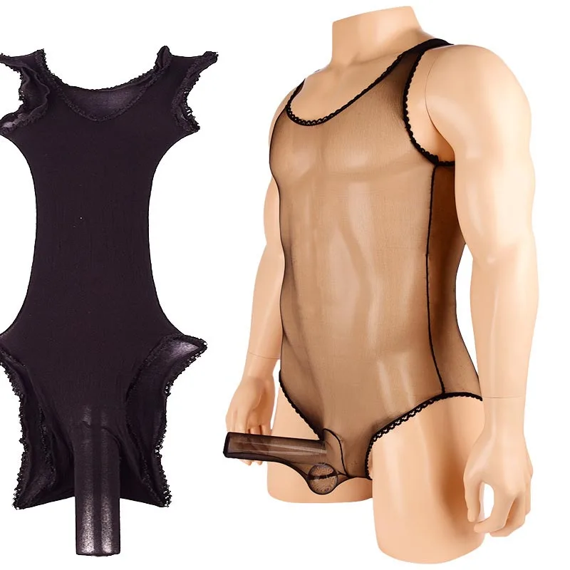 Sexy Men Sheer Mesh Sissy Penis Sheath Teddy Bodysuit Bodystocking French Cut Cross Dressing Lingerie