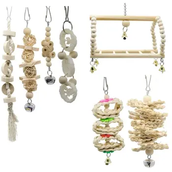 

7pcs Parrot Toy Swing Chewing Toys Suit Macaw Natural Wooden Birdcage Toys For Parrots Conures Finches Bird