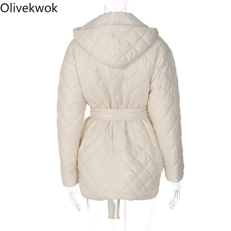 Olivekwok Women Winter Coats  Fahion Solid Black Plaid Parkas Full Sleeve Hooded Streetwear Bandage Heavy Outwear long down puffer coat