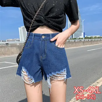 

Real Picture Hole Denim Shorts Women 2020 Summer New Korean High Waist Large Size Loose Denim Shorts
