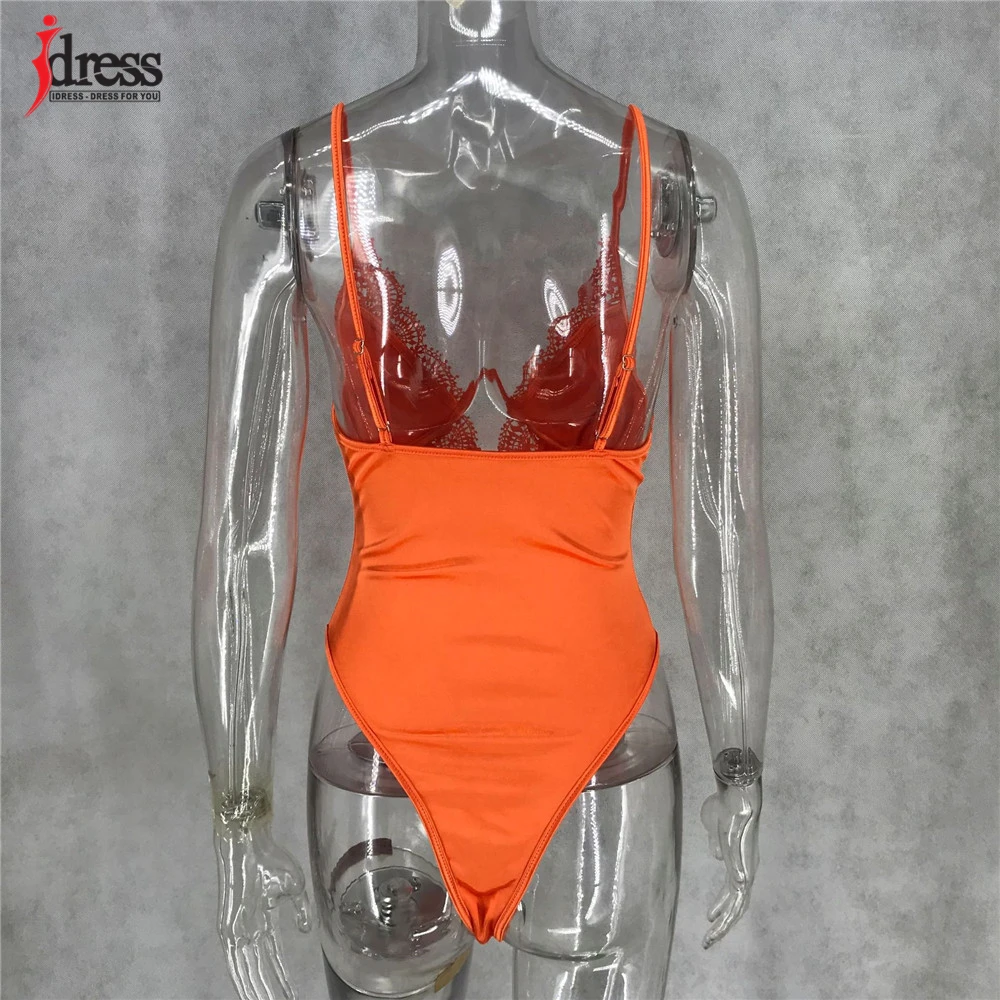 IDress 2020 New Sexy Satin Bodysuit Top Lace Flower Embroidery Body Top Women Skinny V Neck Steel Ring Bodysuit Summer Overalls (3)