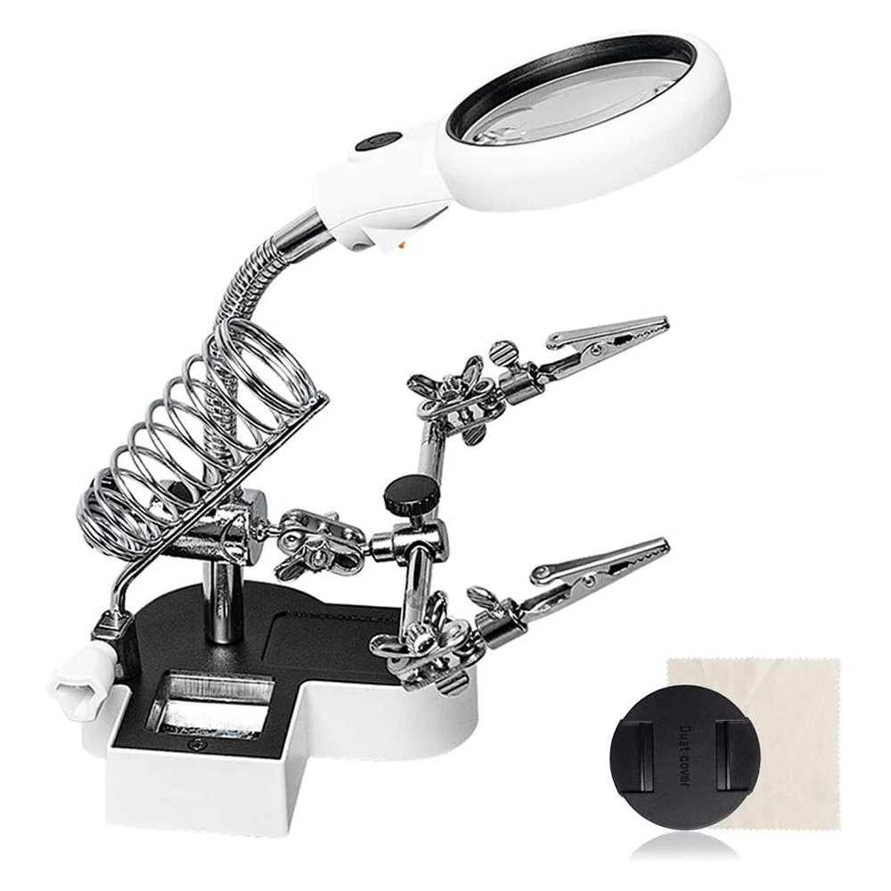 Soldering Iron Welding Magnifying Glass 2 LED 3X 4.5X 25X Helping Hand Rework Magnifier with 3 Tools Boxes Desk Station Repair