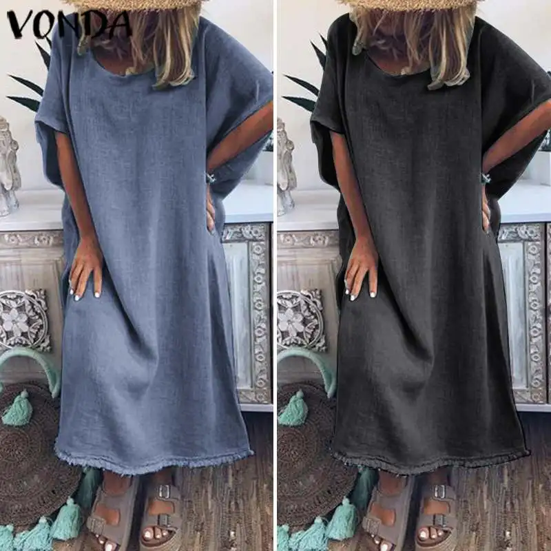 VONDA/летнее платье, сексуальное, с круглым вырезом, с коротким рукавом, в богемном стиле, однотонные платья, Пляжное длинное платье, женские вечерние платья, большие размеры