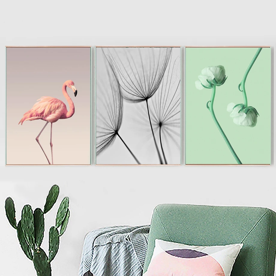 

Dandelion Flamingo Green Flower Nordic Poster Wall Art Canvas Painting Fashion Modern Wall Pictures For Girls Room Decor