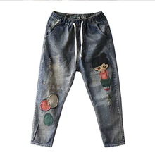 Зимние женские джинсовые штаны, джинсы с героями мультфильмов для девочек, женские джинсы с эластичной резинкой на талии, Джинсы бойфренда, Весенняя уличная одежда, Капри